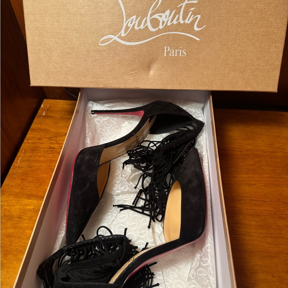 Christian Louboutin Curtain 100 Black Heels with Fringe Detail